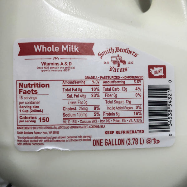 Smith Bros Whole Milk - 1gal